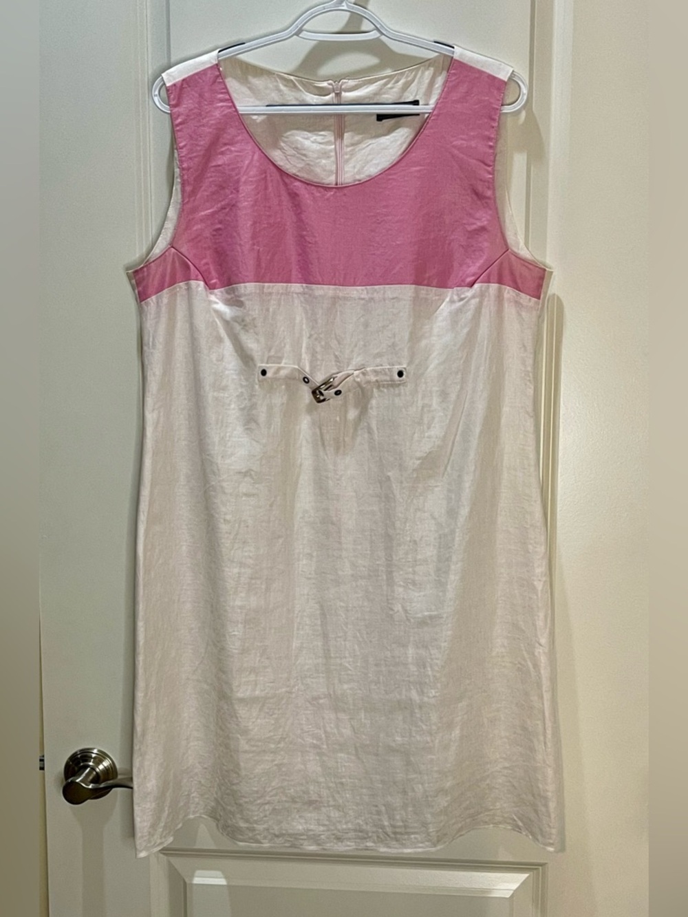 French Silky Linen Sleeveless Pink and White Dress w/ Buckle Detail XL